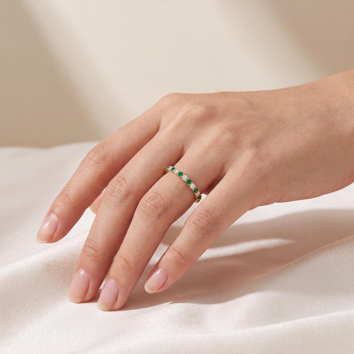 Round Emerald & Diamond Half Way Eternity Wedding Band Ring 14K Solid Gold Scallop Set
