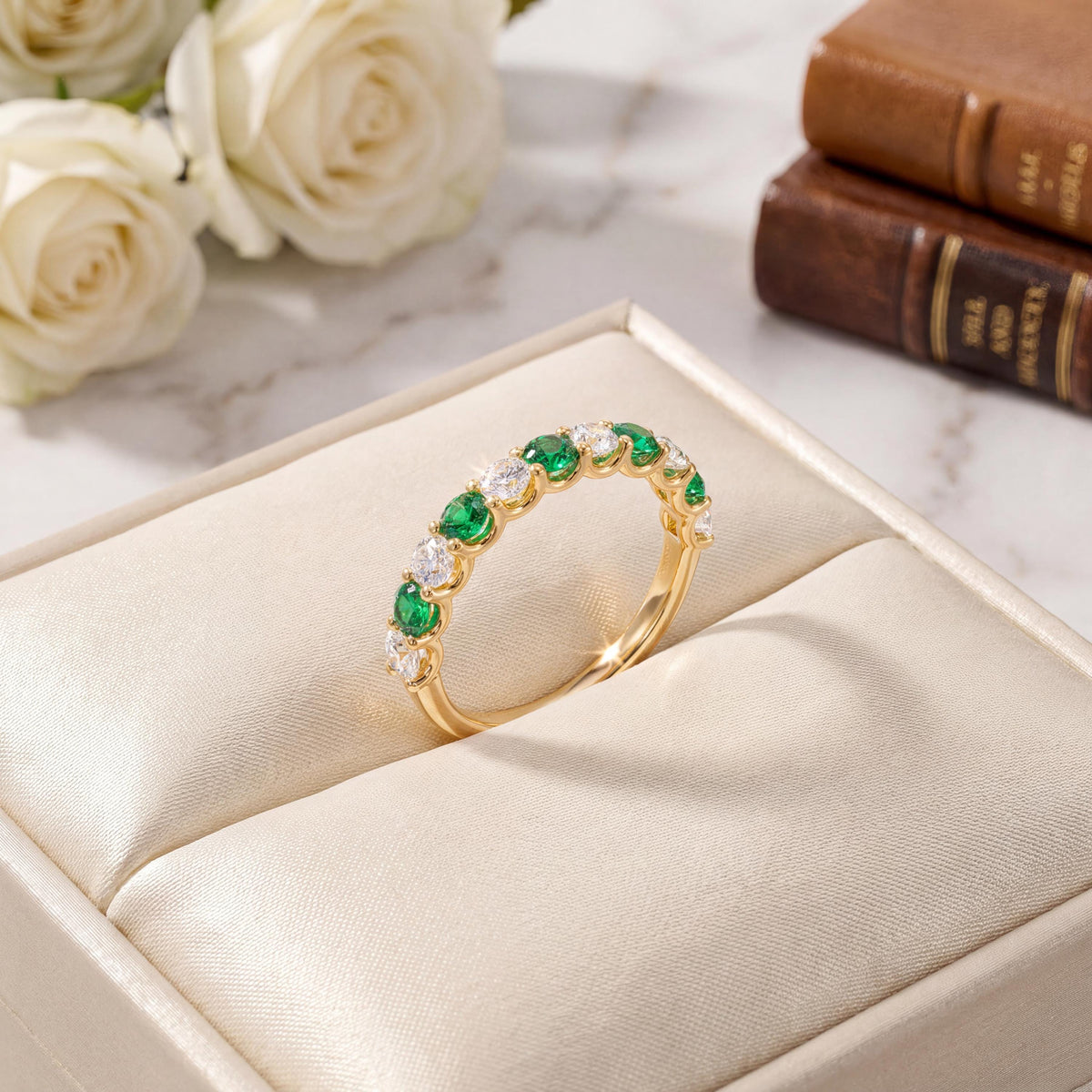Round Emerald & Diamond Half Way Eternity Wedding Band Ring 14K Solid Gold Scallop Set