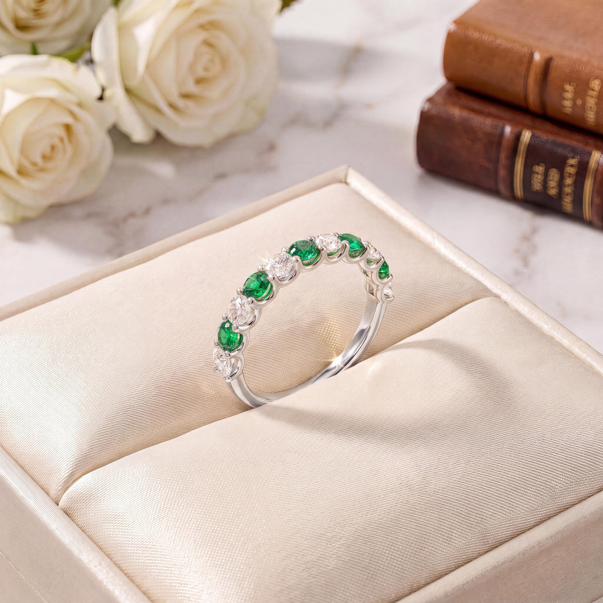 Round Emerald & Diamond Half Way Eternity Wedding Band Ring 14K Solid Gold Scallop Set