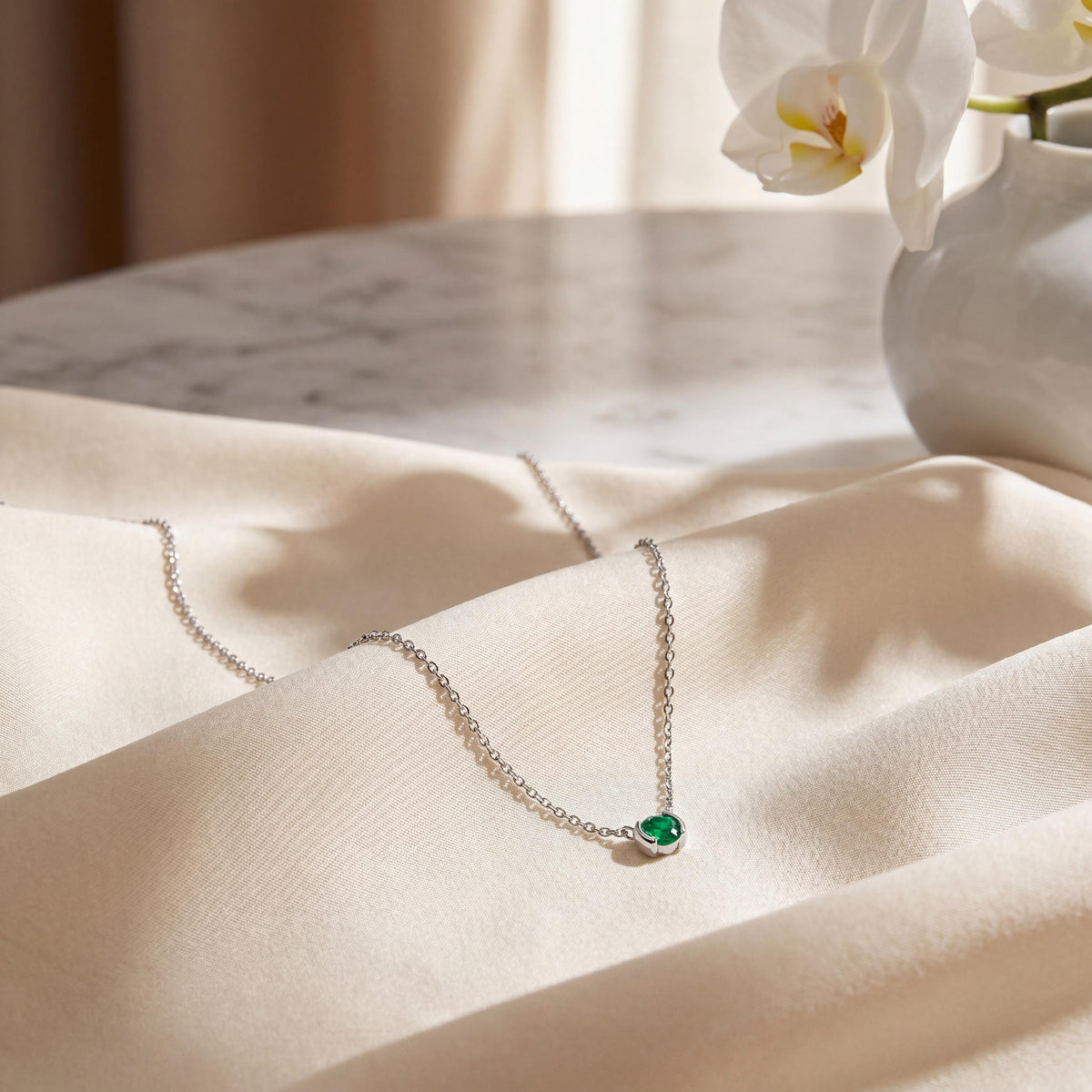 Round Brilliant Cut Emerald Solitaire Dainty Half Bezel 14K Solid Gold Pendant Necklace