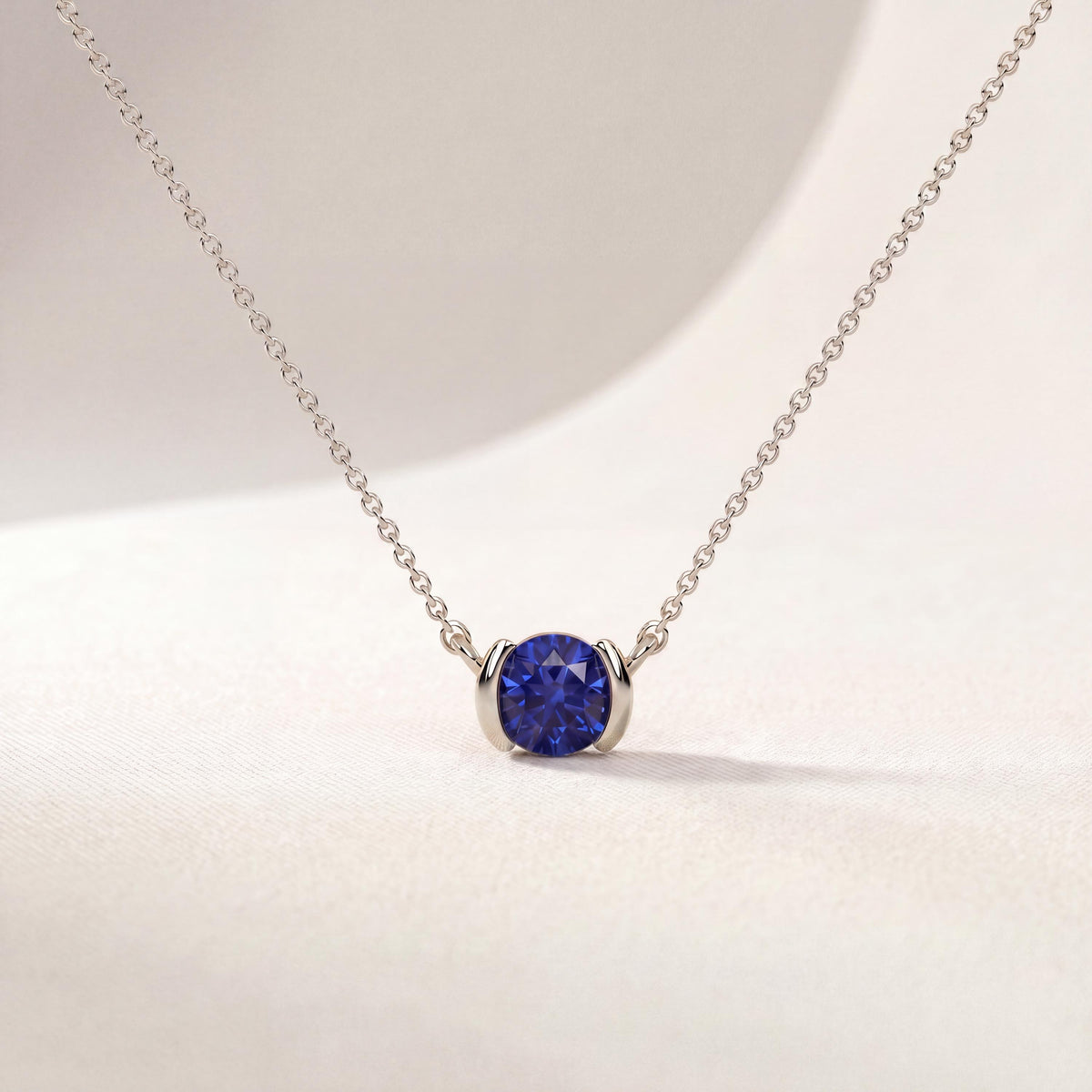 Round Brilliant Cut Sapphire Solitaire Dainty Half Bezel 14K Solid Gold Pendant Necklace
