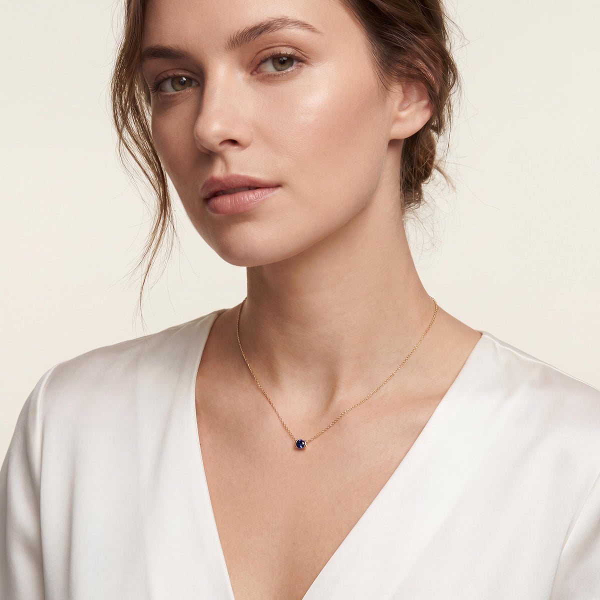 Round Brilliant Cut Sapphire Solitaire Dainty Half Bezel 14K Solid Gold Pendant Necklace