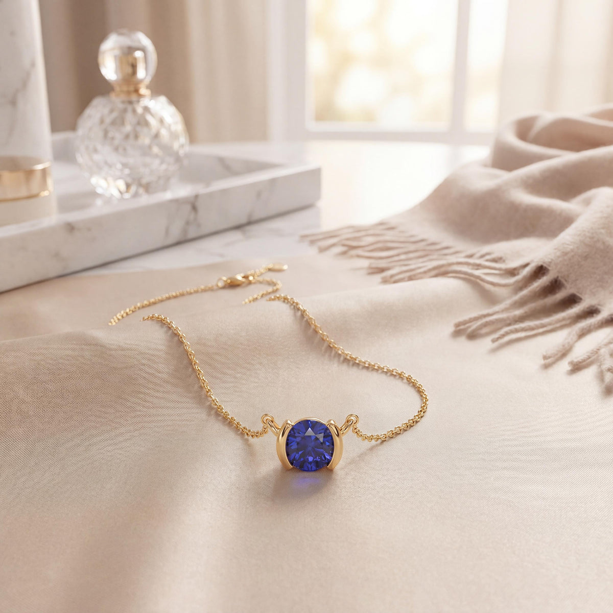 Round Brilliant Cut Sapphire Solitaire Dainty Half Bezel 14K Solid Gold Pendant Necklace