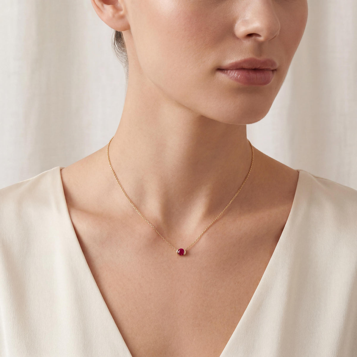 Round Brilliant Cut Ruby Solitaire Dainty Half Bezel 14K Solid Gold Pendant Necklace