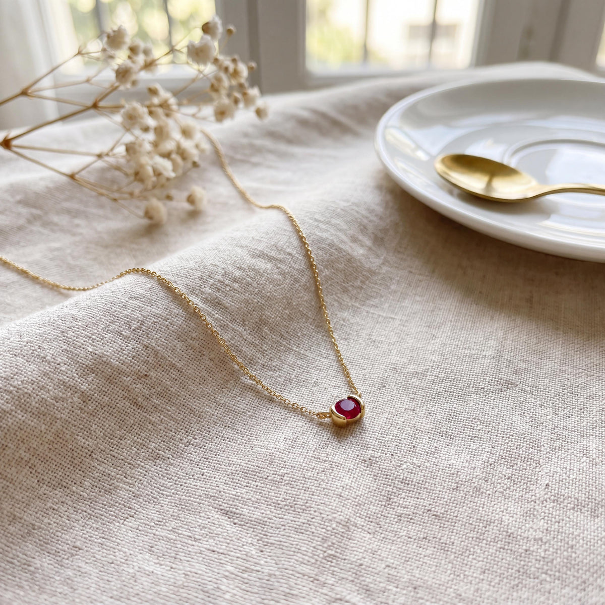 Round Brilliant Cut Ruby Solitaire Dainty Half Bezel 14K Solid Gold Pendant Necklace