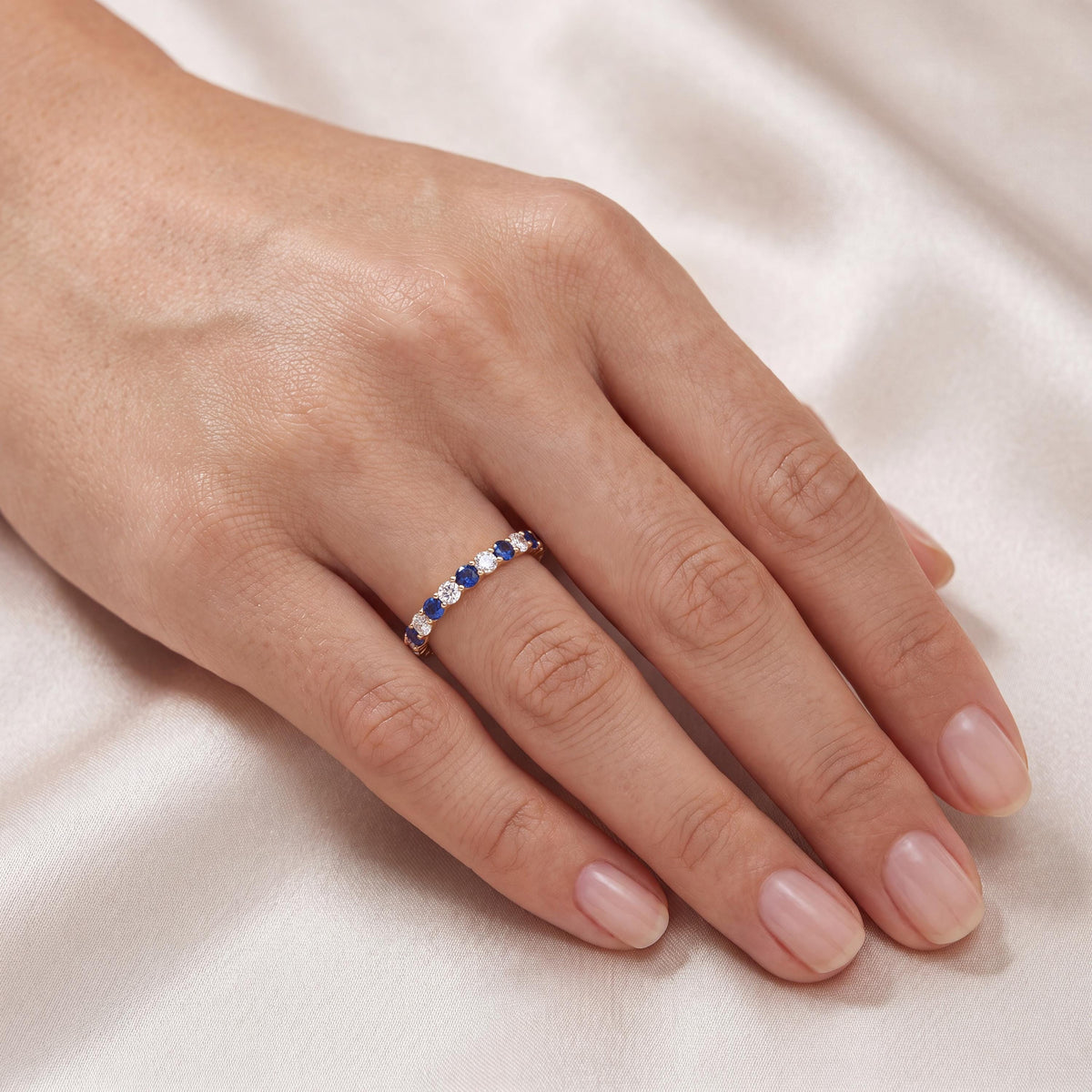 Round Sapphire & Diamond Half Way Eternity Wedding Band Ring 14K Solid Gold Scallop Set