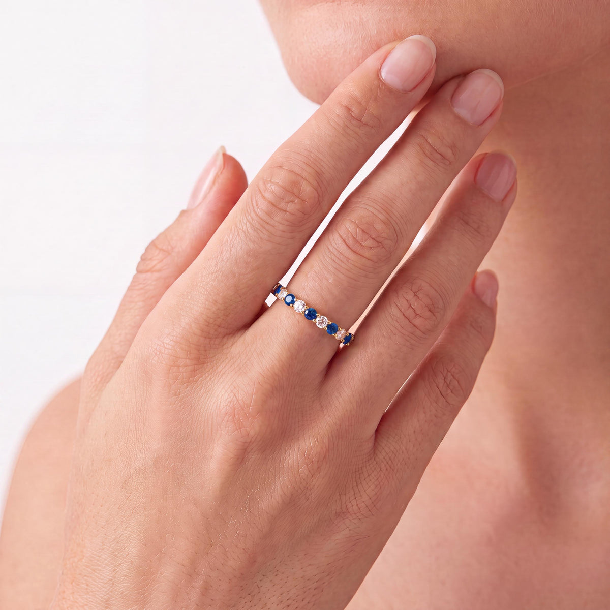 Round Sapphire & Diamond Half Way Eternity Wedding Band Ring 14K Solid Gold Scallop Set