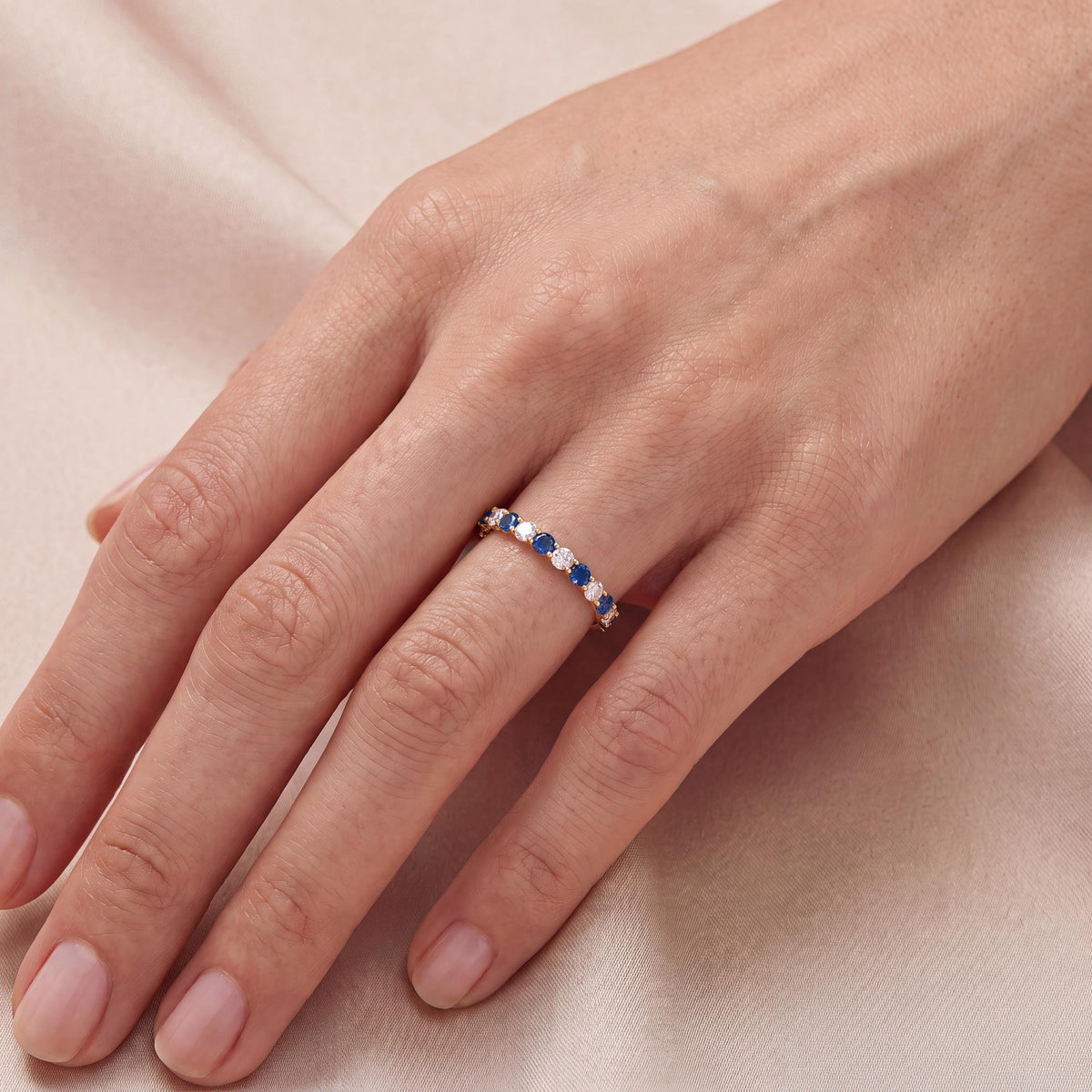 Round Sapphire & Diamond Half Way Eternity Wedding Band Ring 14K Solid Gold Scallop Set