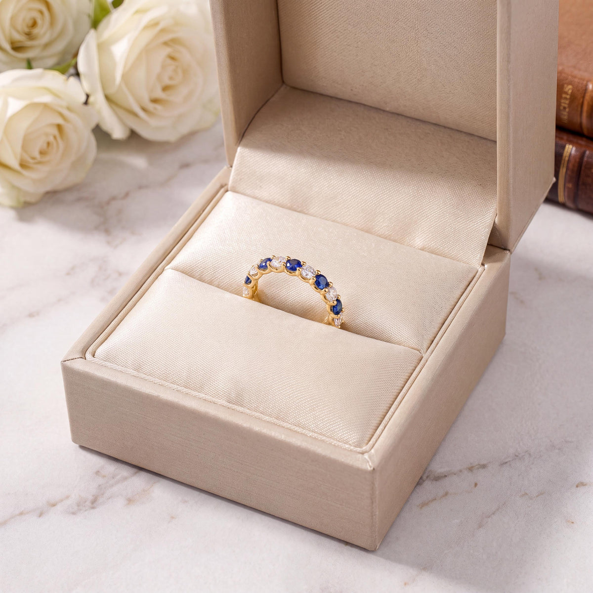 Round Sapphire & Diamond Half Way Eternity Wedding Band Ring 14K Solid Gold Scallop Set
