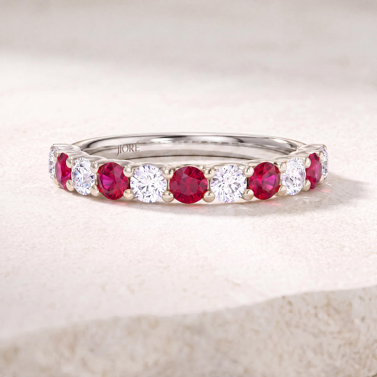 Round Ruby & Diamond Half Way Eternity Wedding Band Ring 14K Solid Gold Scallop Set