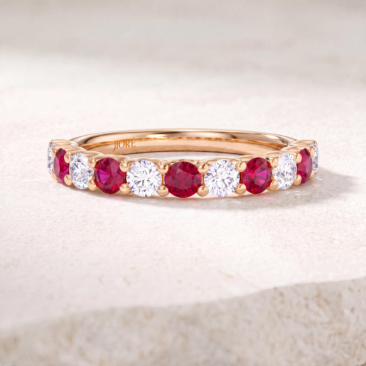 Round Ruby & Diamond Half Way Eternity Wedding Band Ring 14K Solid Gold Scallop Set