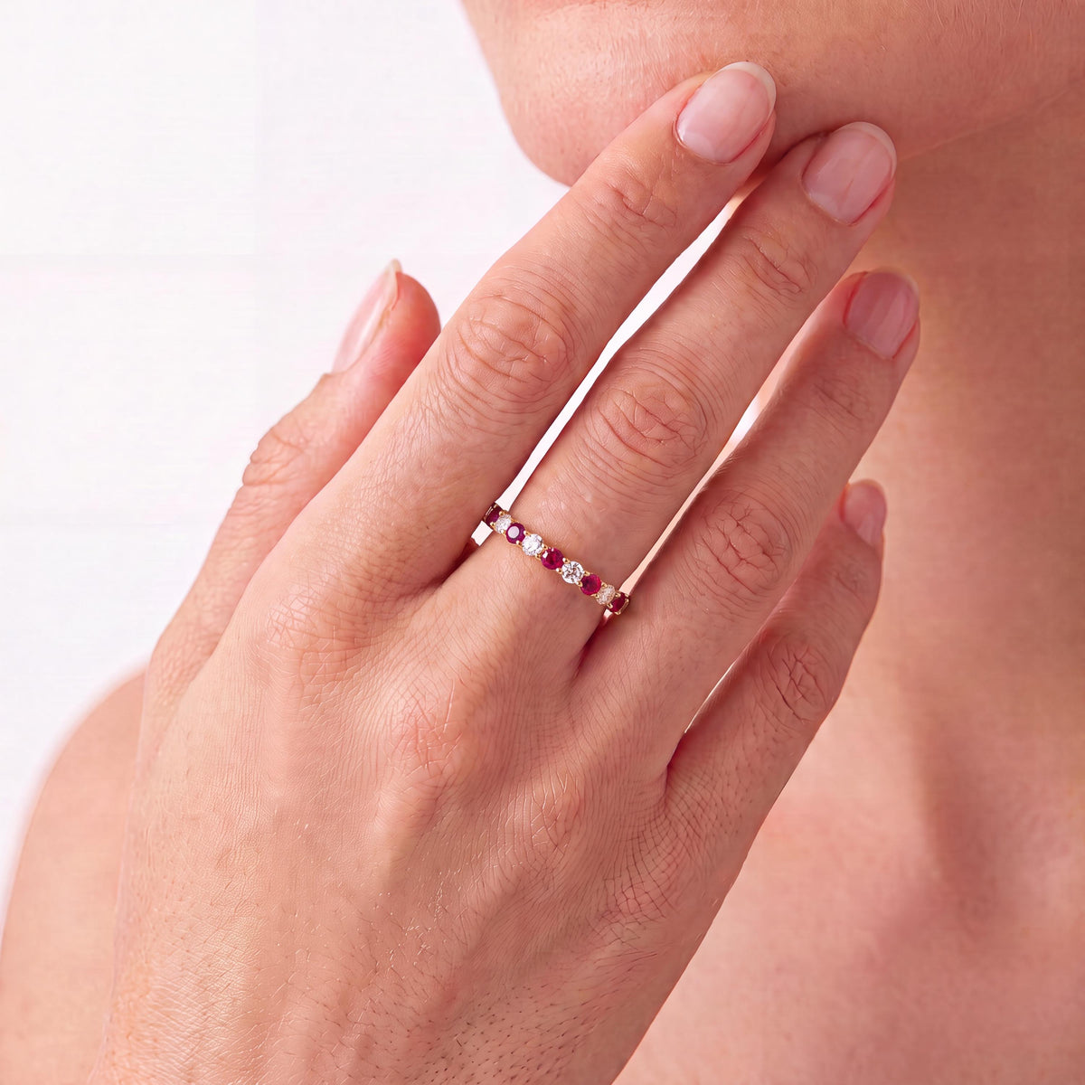 Round Ruby & Diamond Half Way Eternity Wedding Band Ring 14K Solid Gold Scallop Set