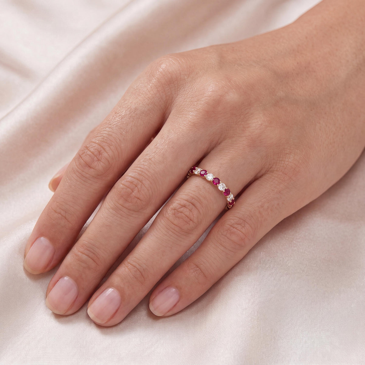 Round Ruby & Diamond Half Way Eternity Wedding Band Ring 14K Solid Gold Scallop Set