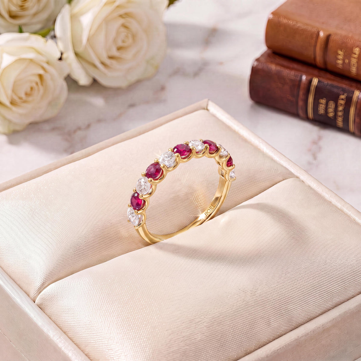 Round Ruby & Diamond Half Way Eternity Wedding Band Ring 14K Solid Gold Scallop Set