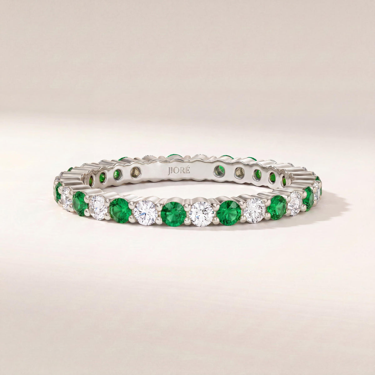 Emerald & Diamond Eternity Band 14K Solid Gold Round Prong Set Wedding Band Stacking Ring