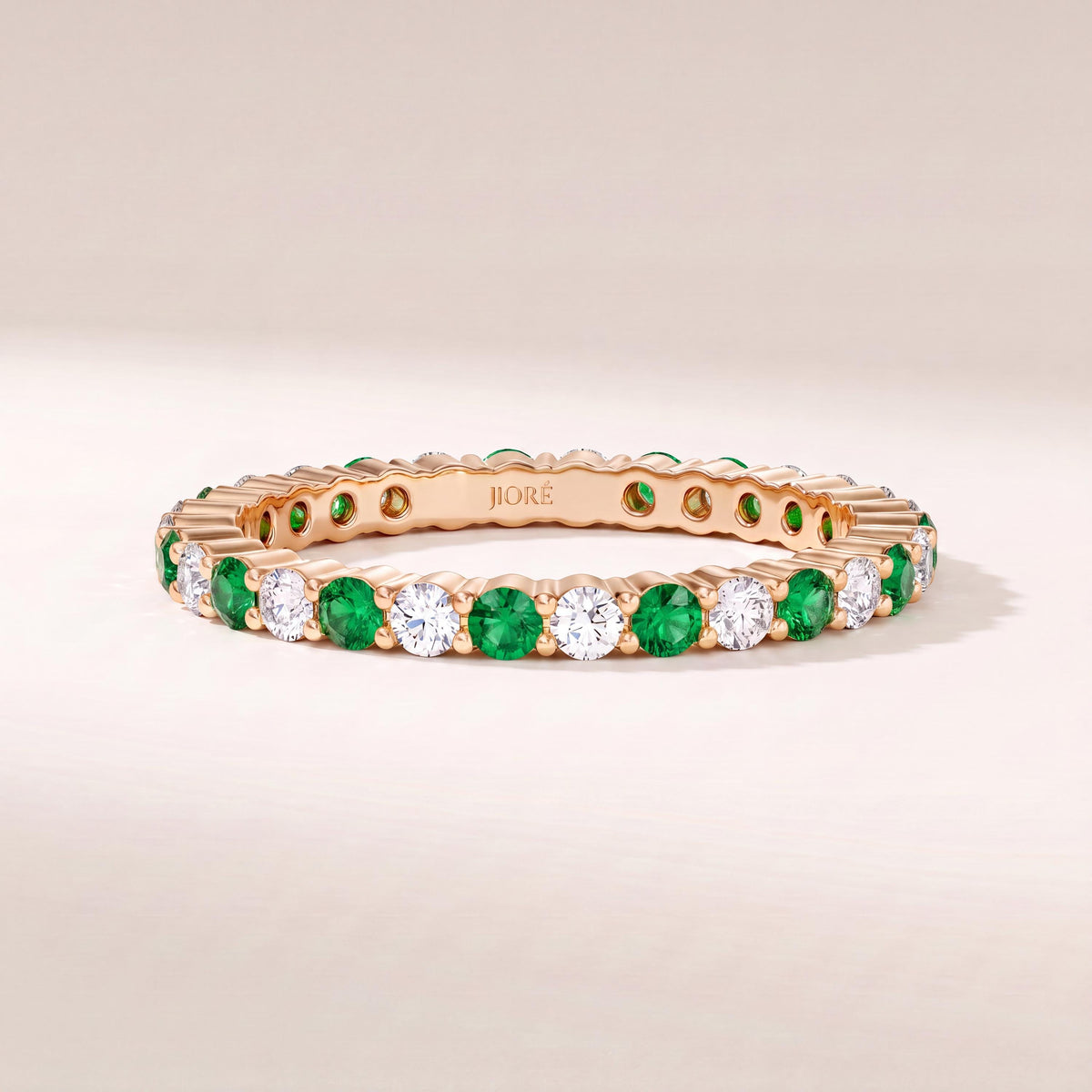 Emerald & Diamond Eternity Band 14K Solid Gold Round Prong Set Wedding Band Stacking Ring