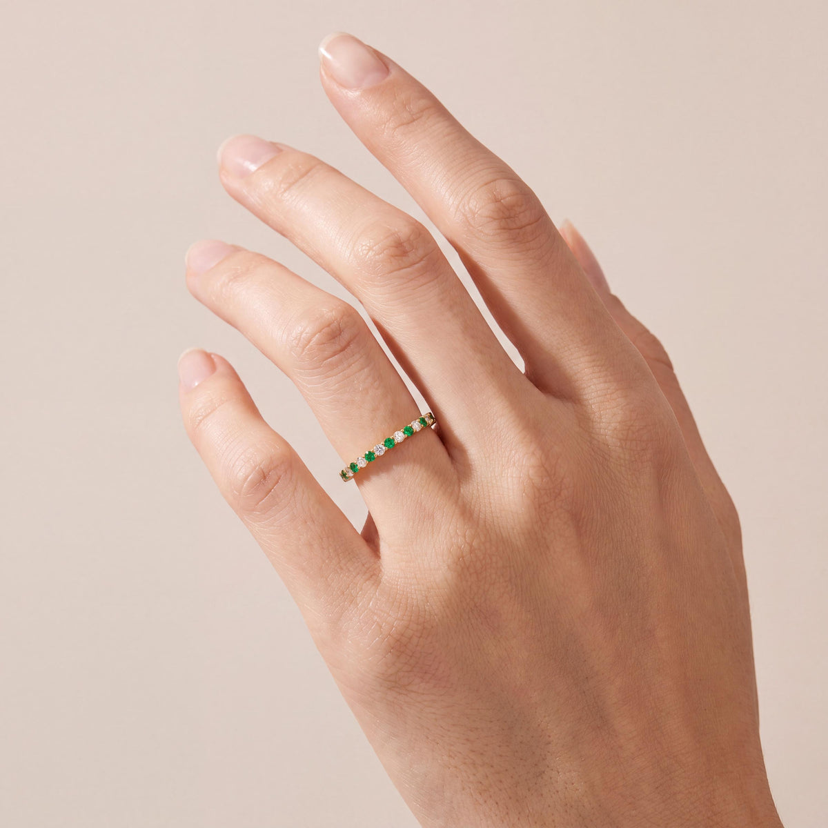 Emerald & Diamond Eternity Band 14K Solid Gold Round Prong Set Wedding Band Stacking Ring