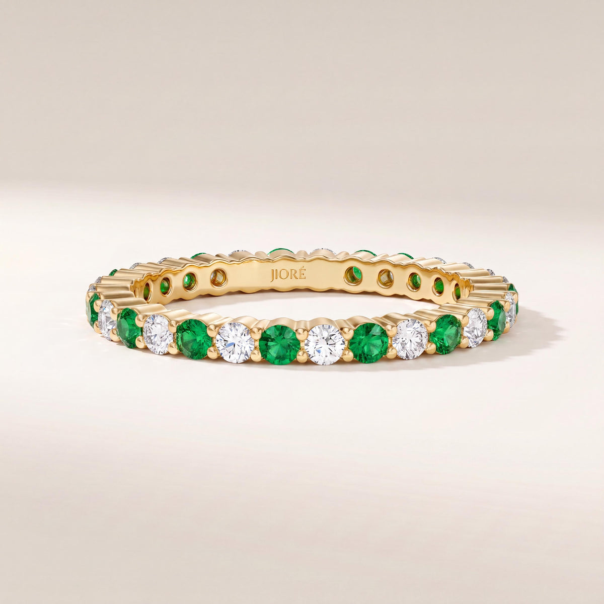 Emerald & Diamond Eternity Band 14K Solid Gold Round Prong Set Wedding Band Stacking Ring