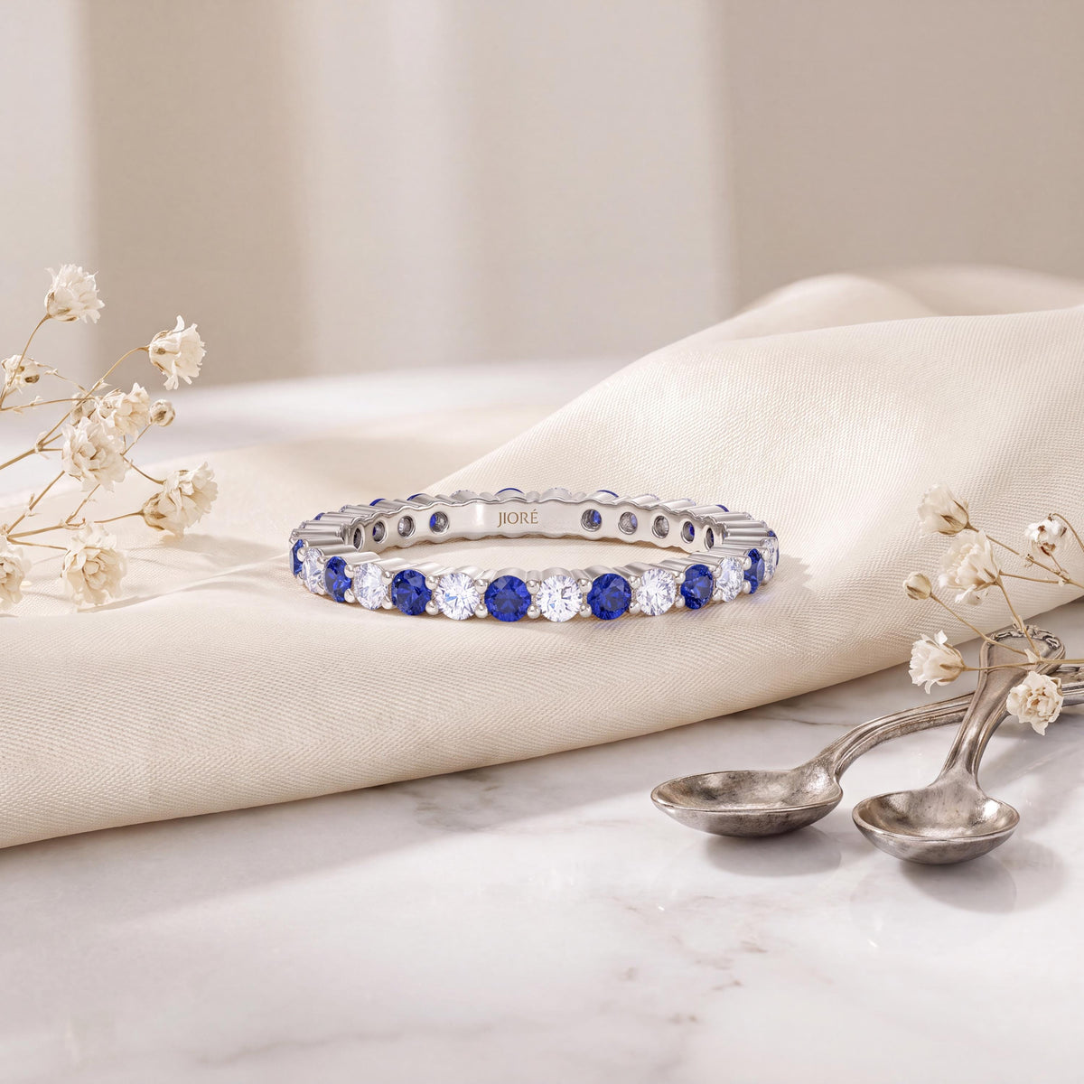 Sapphire & Diamond Eternity Band 14K Solid Gold Round Prong Set Wedding Band Stacking Ring