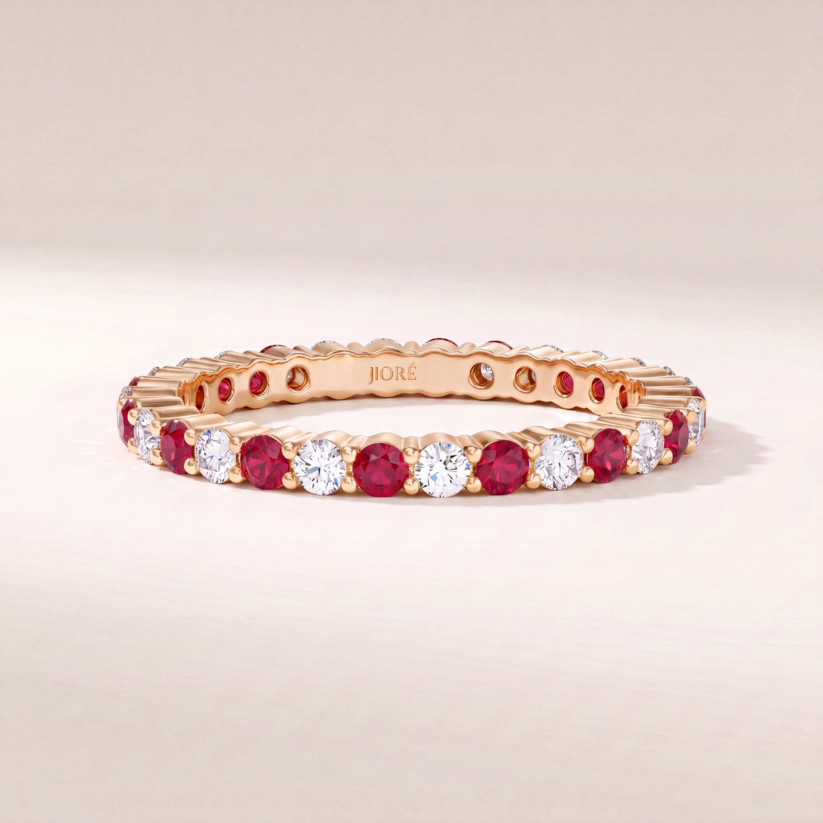 Ruby & Diamond Eternity Band 14K Solid Gold Round Prong Set Wedding Band Stacking Ring