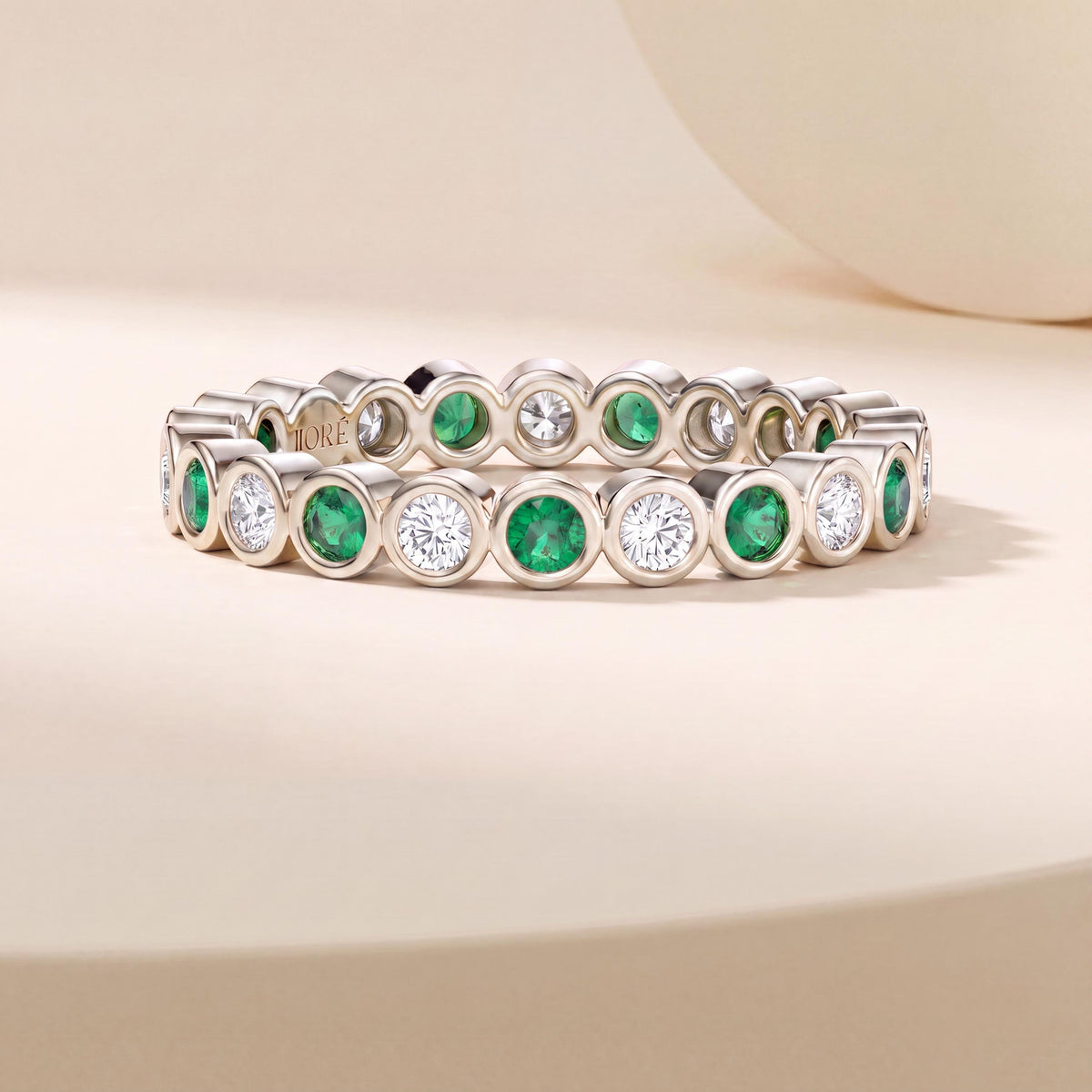 Emerald & Diamond Full Eternity Wedding Band Ring Stackable 14K Gold Bezel Set Round Brilliant Cut