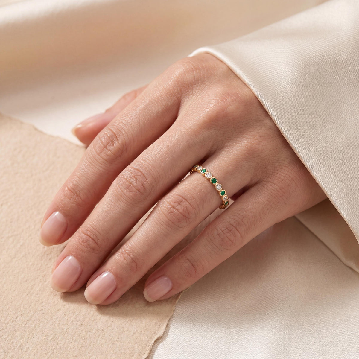 Emerald & Diamond Full Eternity Wedding Band Ring Stackable 14K Gold Bezel Set Round Brilliant Cut