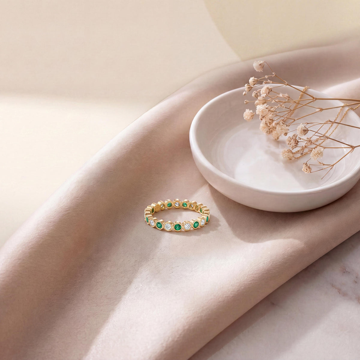 Emerald & Diamond Full Eternity Wedding Band Ring Stackable 14K Gold Bezel Set Round Brilliant Cut