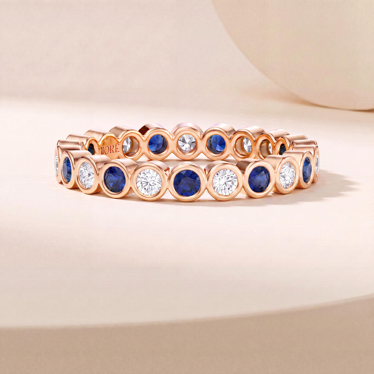 Sapphire & Diamond Full Eternity Wedding Band Ring Stackable 14K Gold Bezel Set Round Brilliant Cut