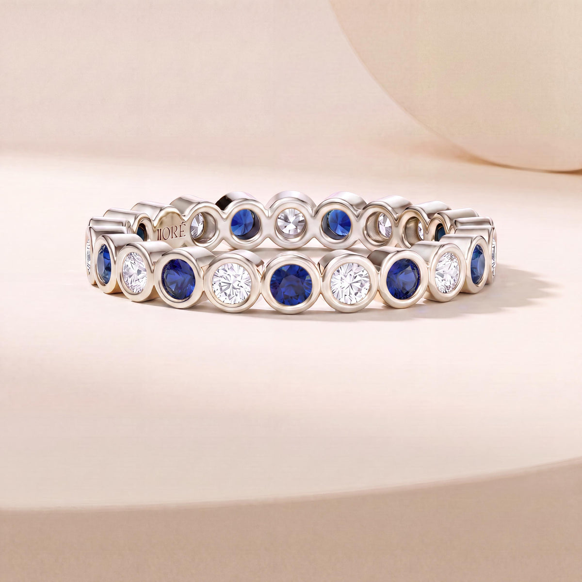 Sapphire & Diamond Full Eternity Wedding Band Ring Stackable 14K Gold Bezel Set Round Brilliant Cut