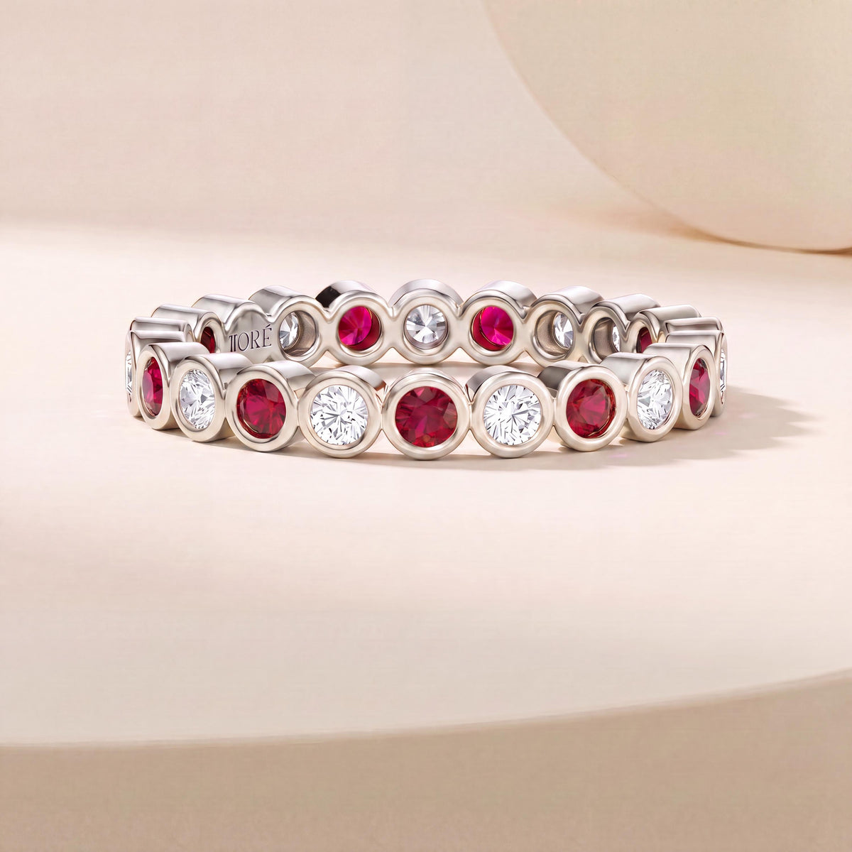 Ruby & Diamond Full Eternity Wedding Band Ring Stackable 14K Gold Bezel Set Round Brilliant Cut