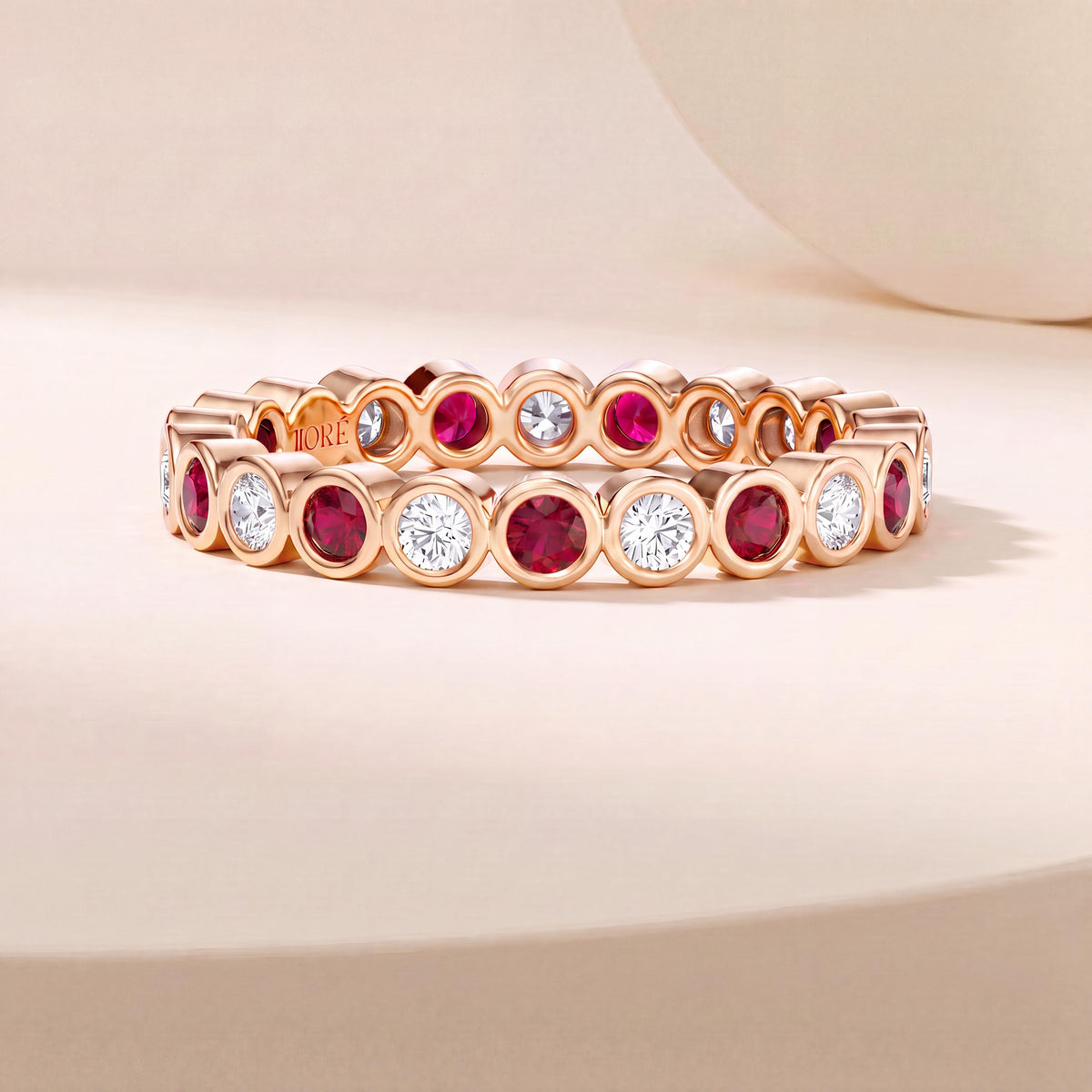 Ruby & Diamond Full Eternity Wedding Band Ring Stackable 14K Gold Bezel Set Round Brilliant Cut