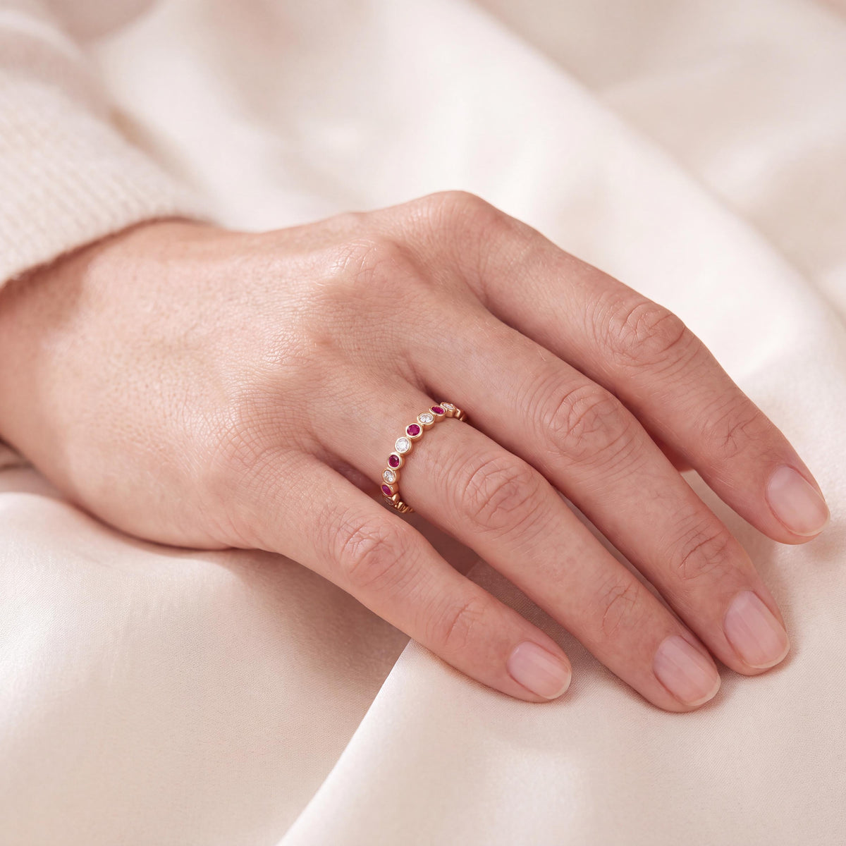 Ruby & Diamond Full Eternity Wedding Band Ring Stackable 14K Gold Bezel Set Round Brilliant Cut