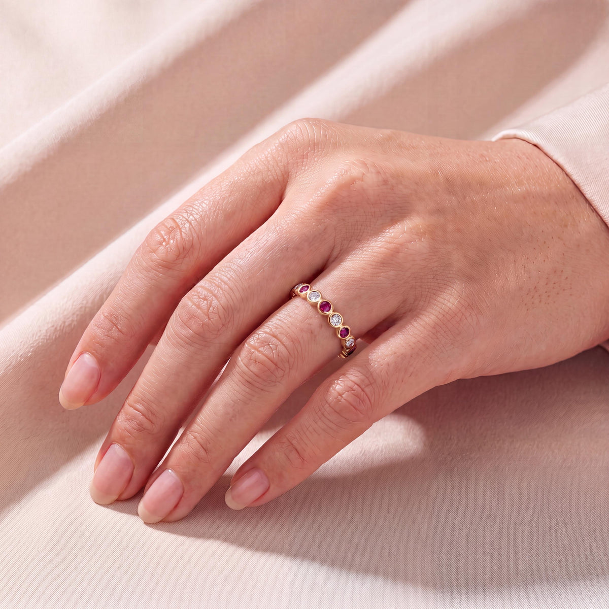 Ruby & Diamond Full Eternity Wedding Band Ring Stackable 14K Gold Bezel Set Round Brilliant Cut