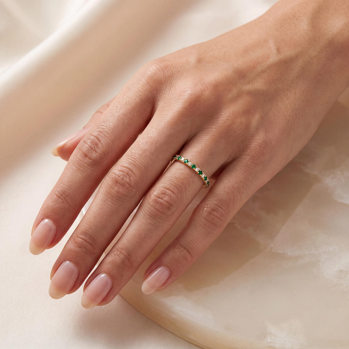 Round Emerald & Diamond Full Eternity Wedding Band Stackable Ring 14K Solid Gold Pave Set