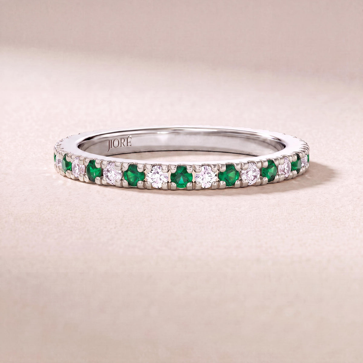 Round Emerald & Diamond Full Eternity Wedding Band Stackable Ring 14K Solid Gold Pave Set