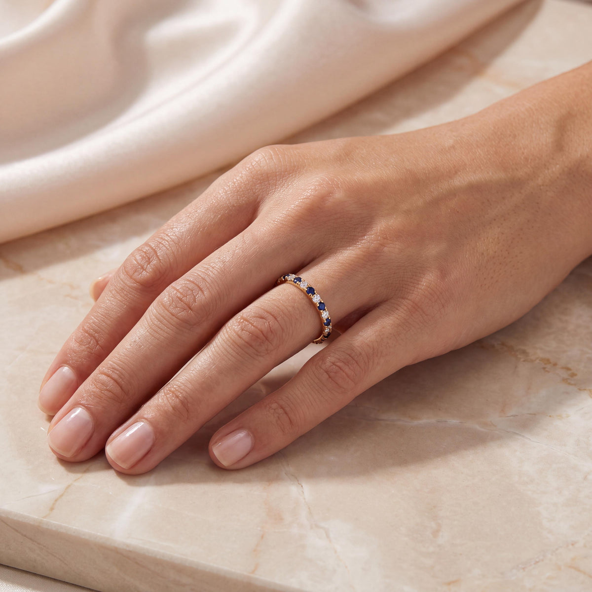 Round Sapphire & Diamond Full Eternity Wedding Band Stackable Ring 14K Solid Gold Pave Set