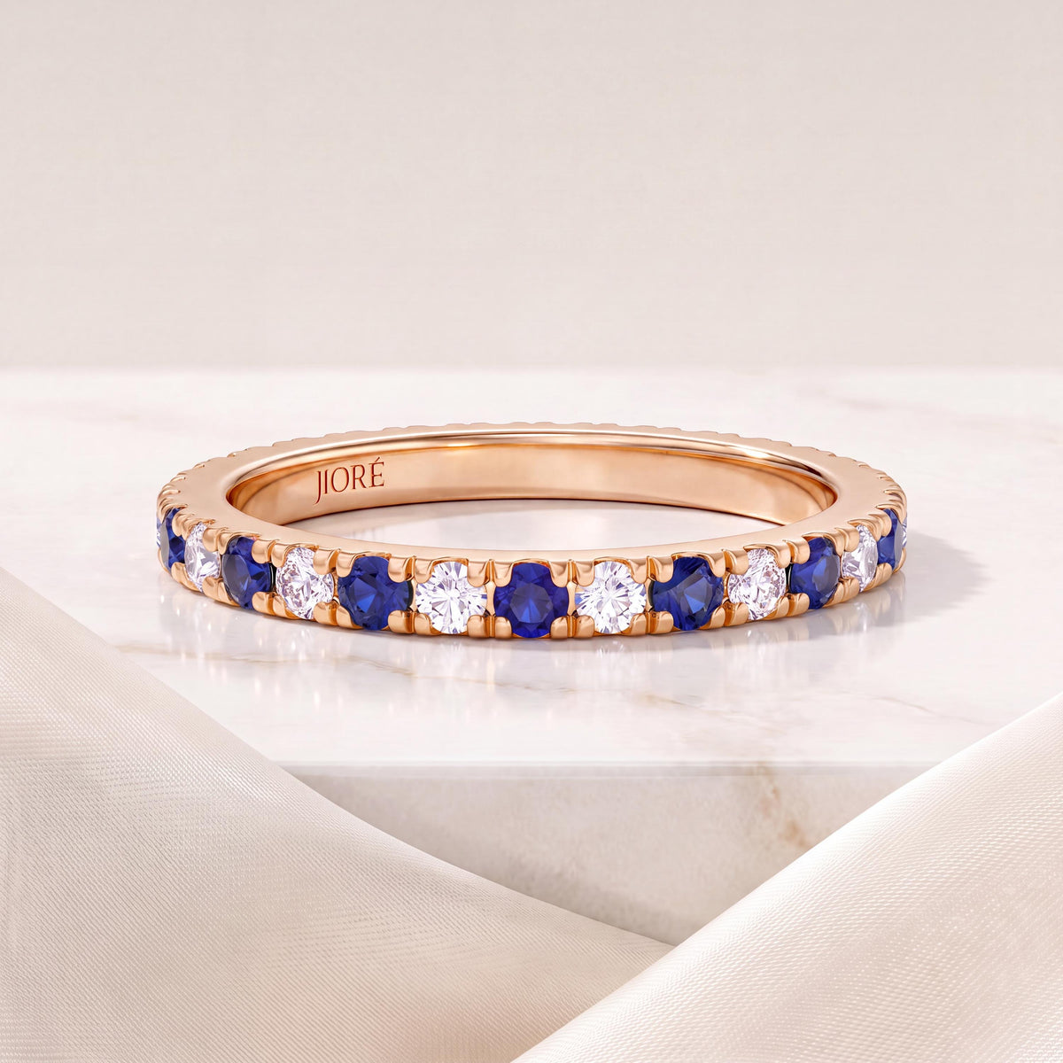 Round Sapphire & Diamond Full Eternity Wedding Band Stackable Ring 14K Solid Gold Pave Set