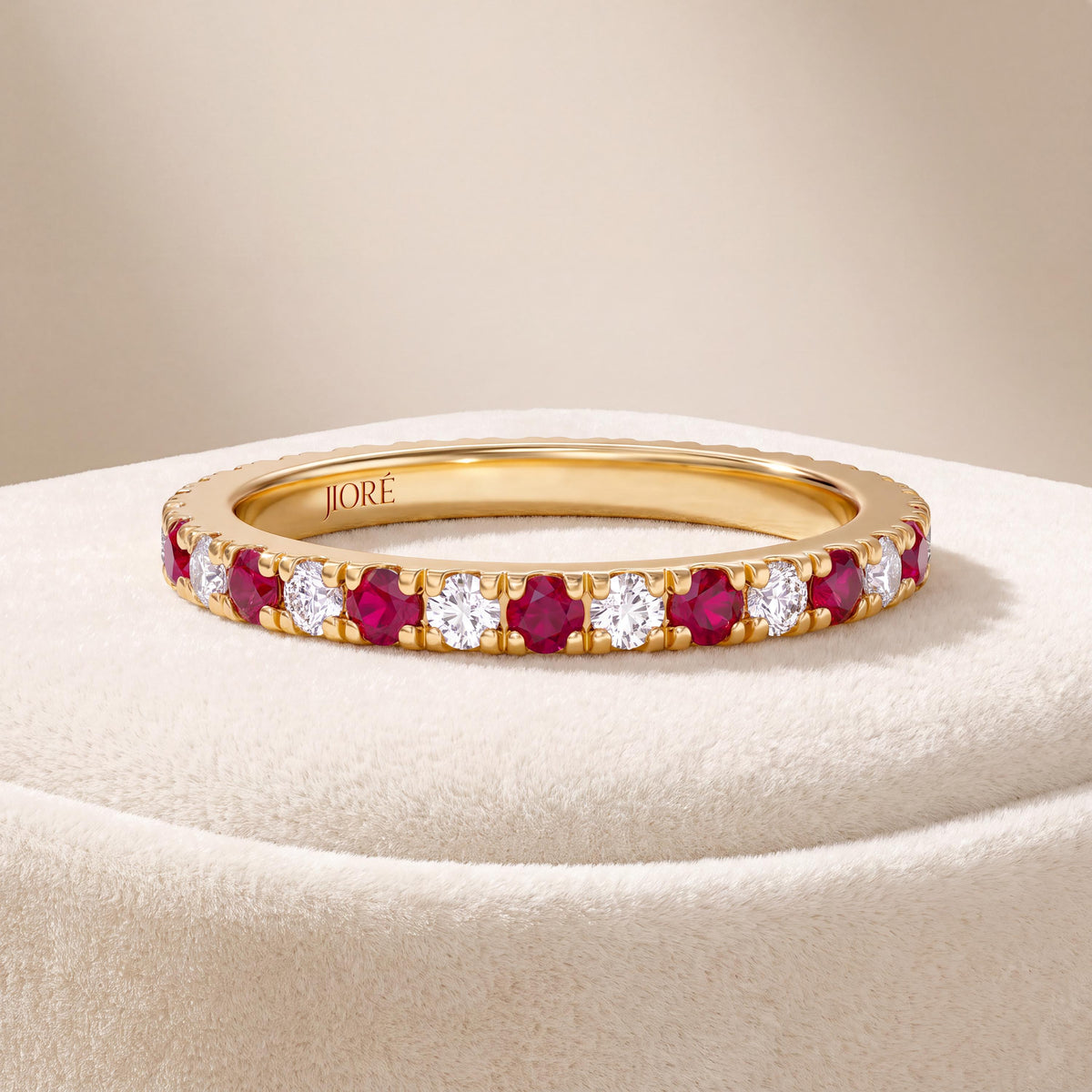 Round Ruby & Diamond Full Eternity Wedding Band Stackable Ring 14K Solid Gold Pave Set