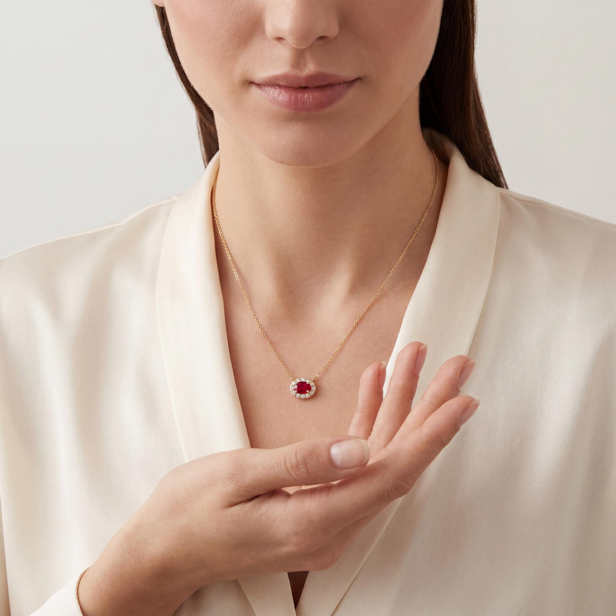 Oval Ruby & Diamond Halo Dainty 14K Solid Gold Pendant Necklace