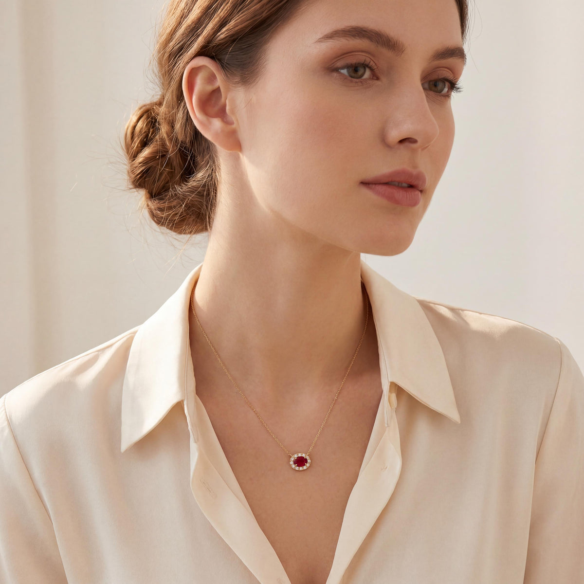 Oval Ruby & Diamond Halo Dainty 14K Solid Gold Pendant Necklace