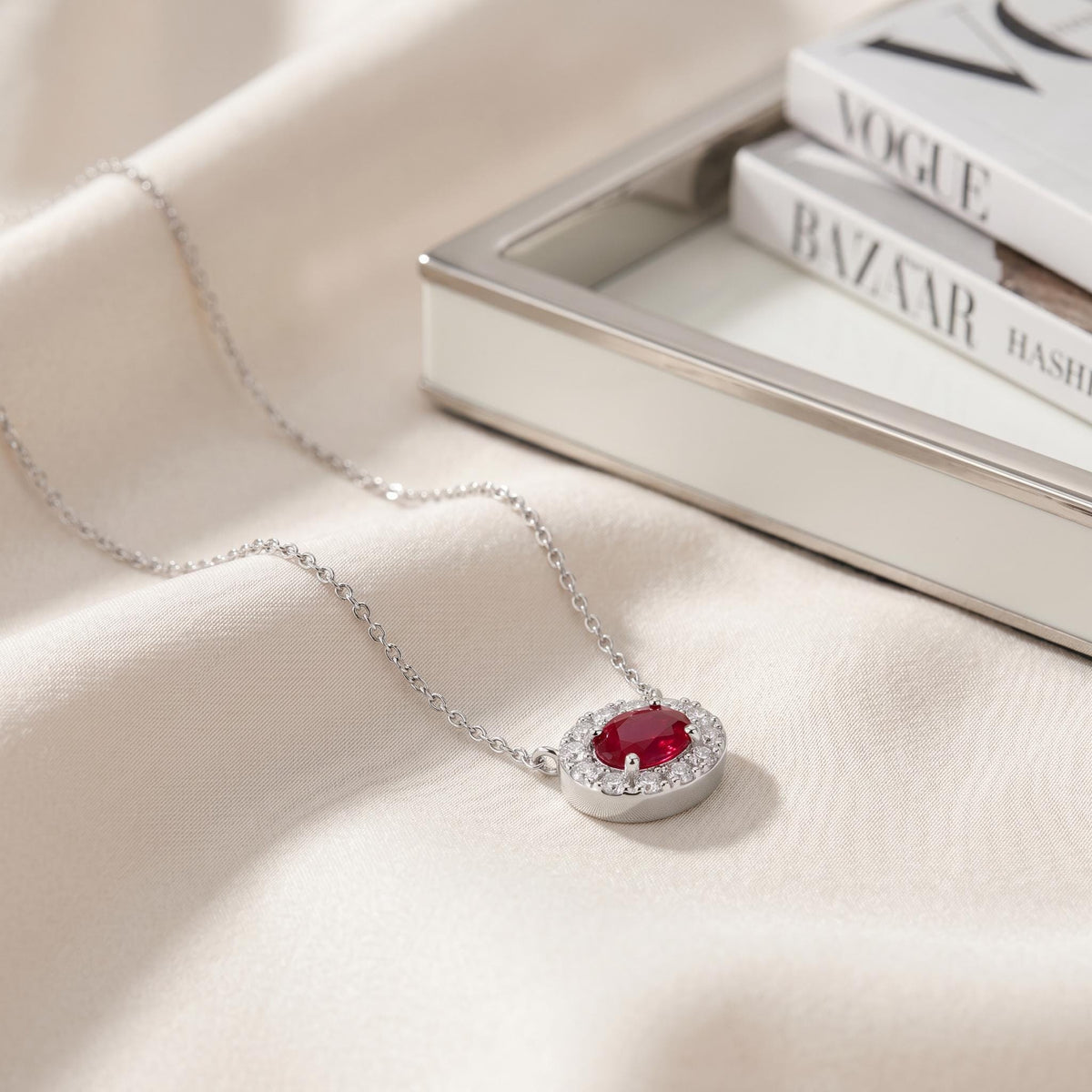 Oval Ruby & Diamond Halo Dainty 14K Solid Gold Pendant Necklace
