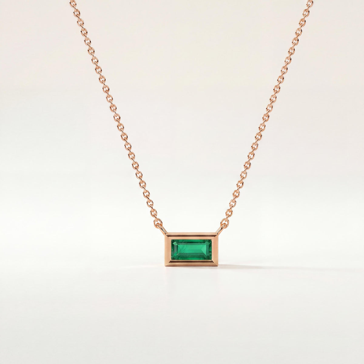 Baguette Emerald Solitaire Dainty Bezel Set 14K Solid Gold Pendant Necklace