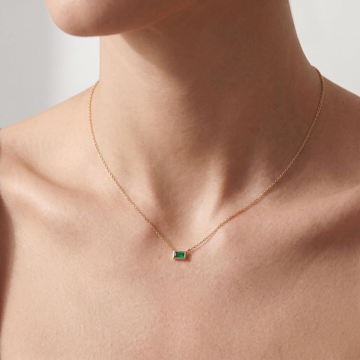 Baguette Emerald Solitaire Dainty Bezel Set 14K Solid Gold Pendant Necklace