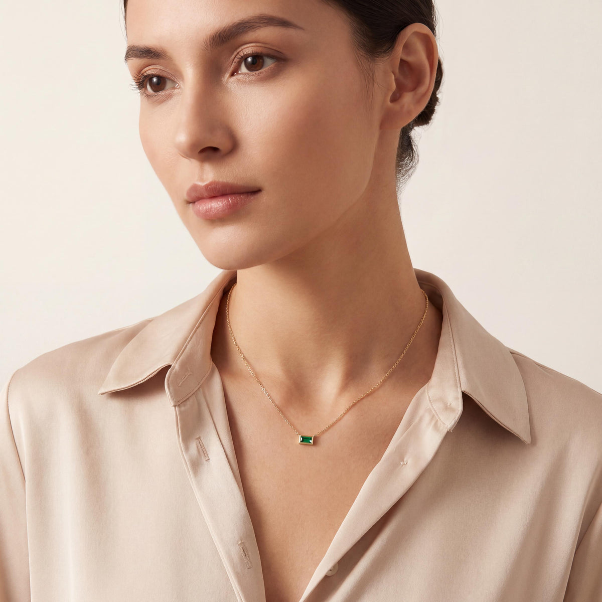 Baguette Emerald Solitaire Dainty Bezel Set 14K Solid Gold Pendant Necklace