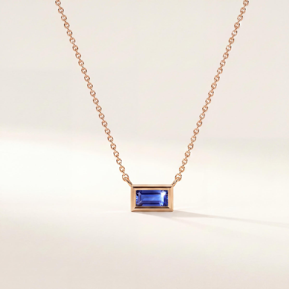 Baguette Sapphire Solitaire Dainty Bezel Set 14K Solid Gold Pendant Necklace