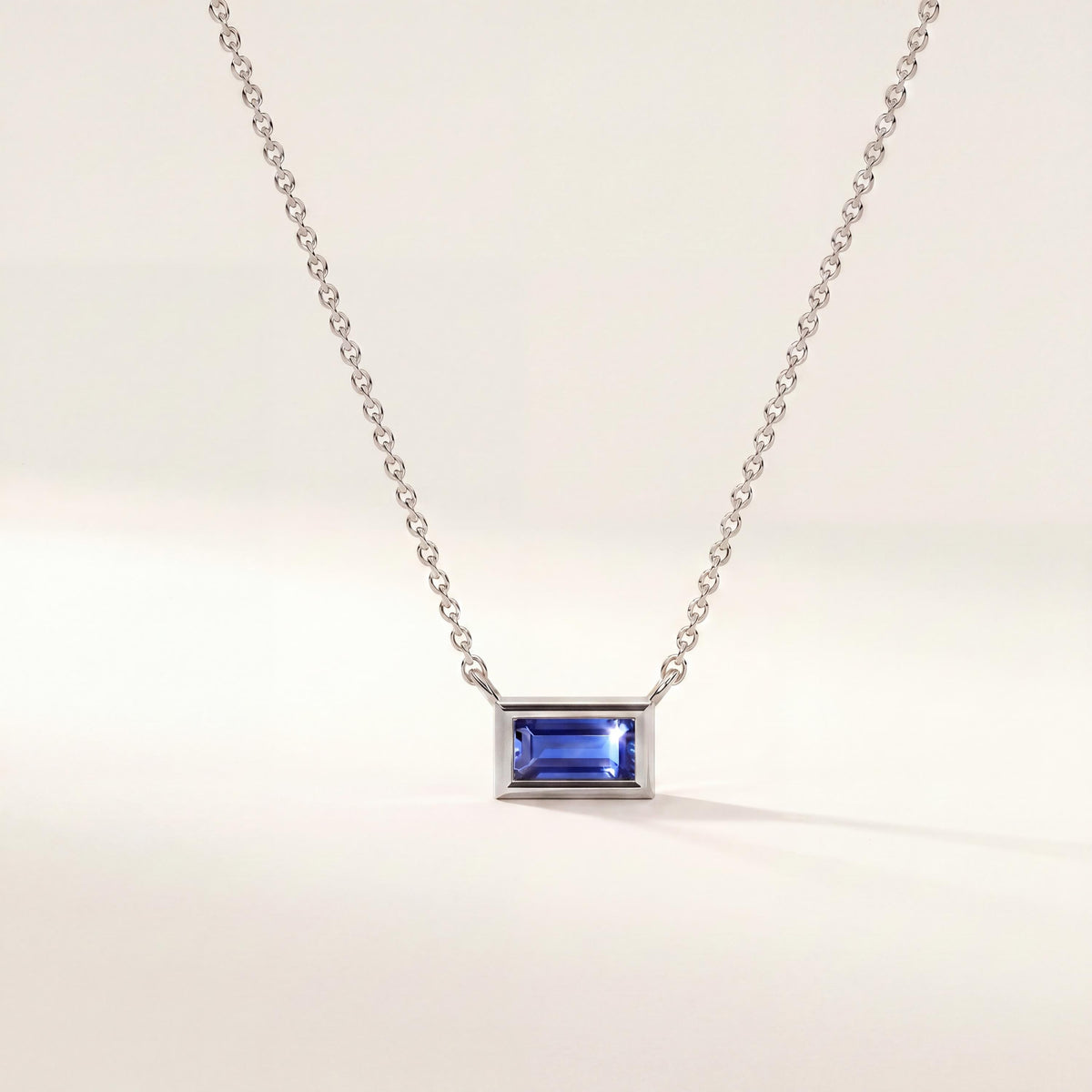 Baguette Sapphire Solitaire Dainty Bezel Set 14K Solid Gold Pendant Necklace