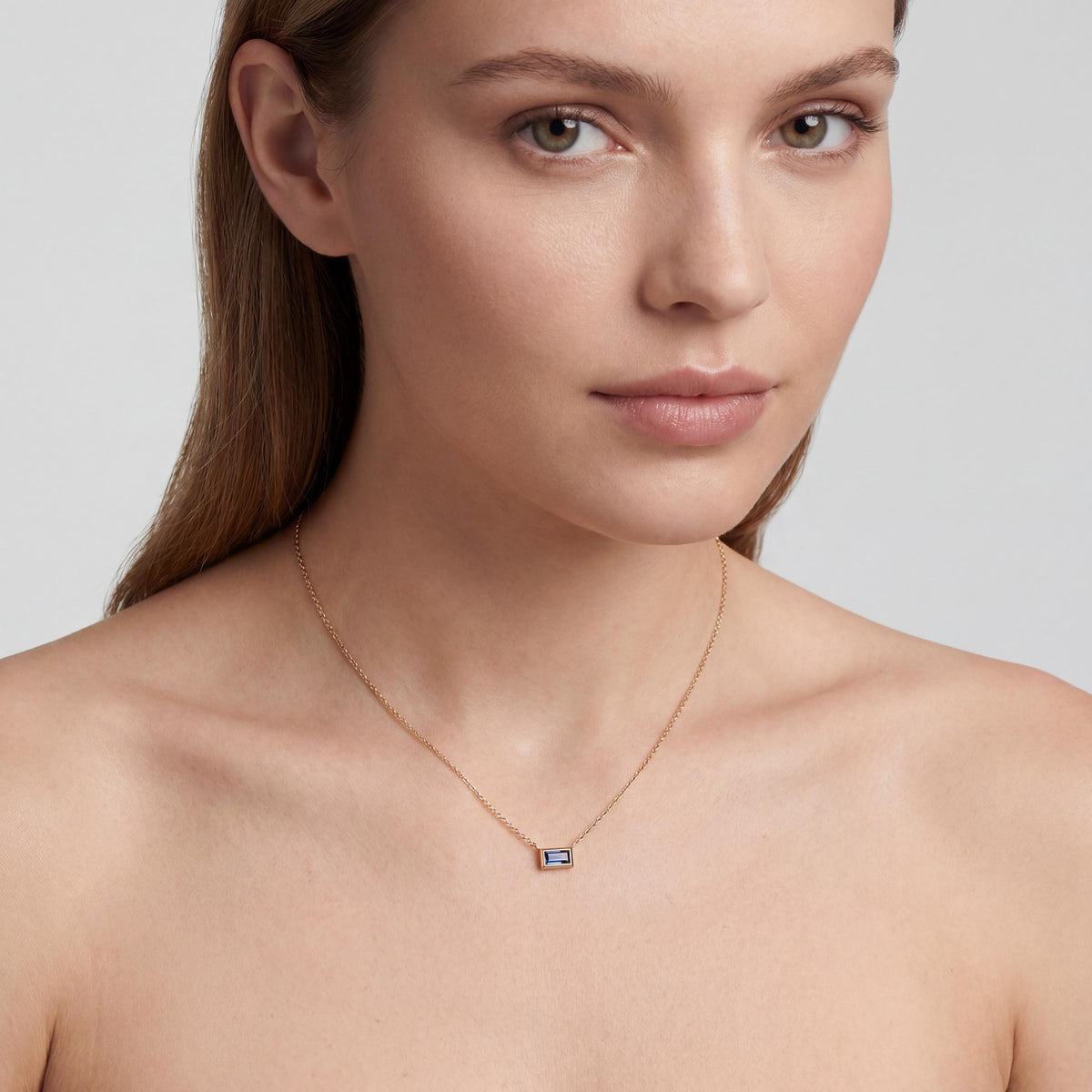 Baguette Sapphire Solitaire Dainty Bezel Set 14K Solid Gold Pendant Necklace