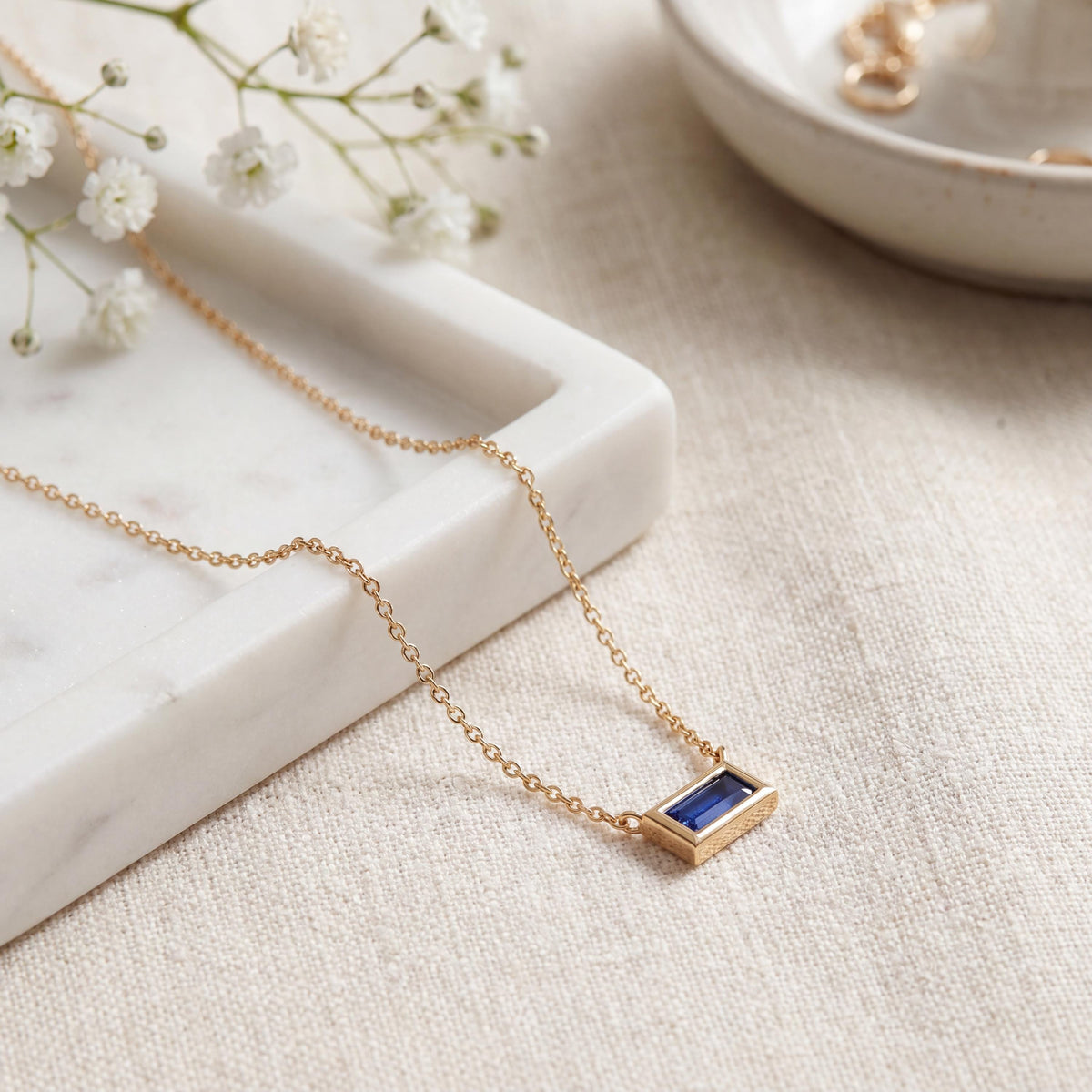 Baguette Sapphire Solitaire Dainty Bezel Set 14K Solid Gold Pendant Necklace