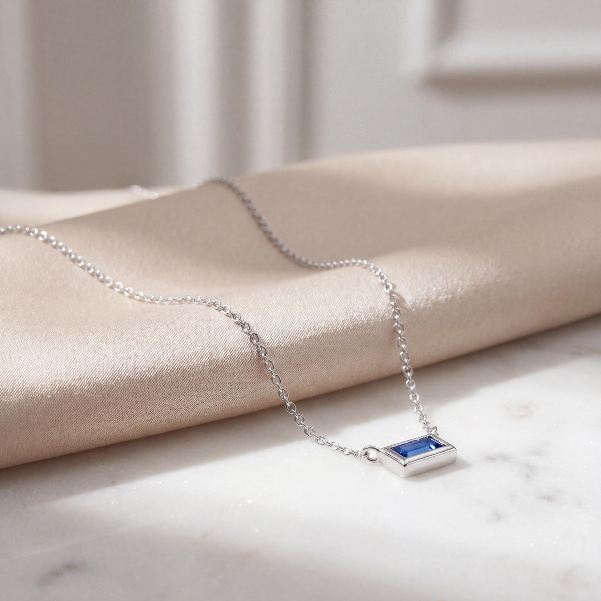 Baguette Sapphire Solitaire Dainty Bezel Set 14K Solid Gold Pendant Necklace
