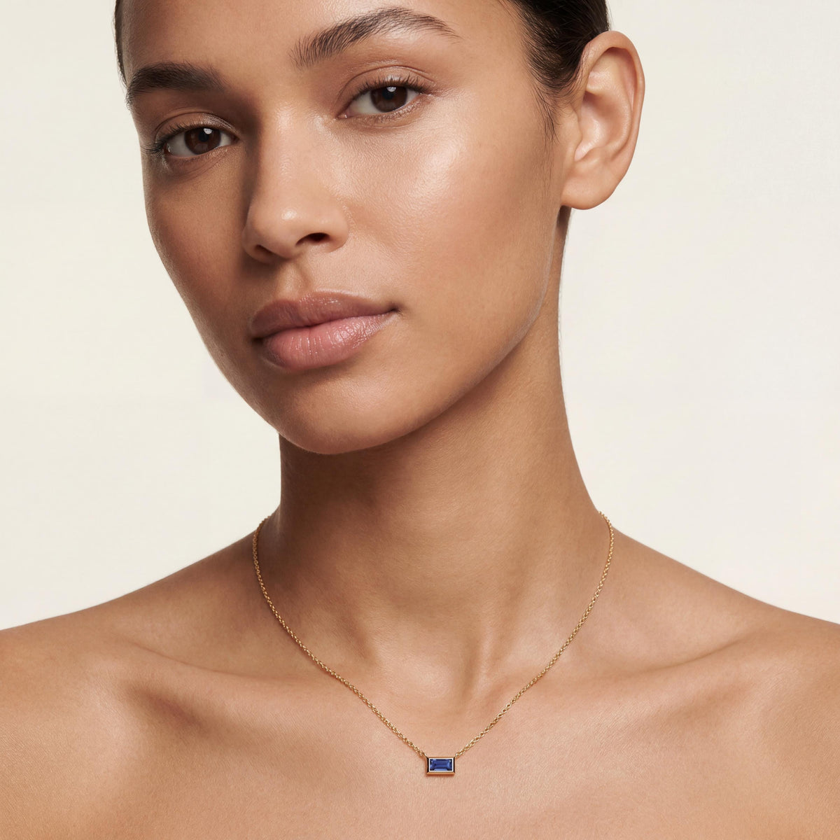 Baguette Sapphire Solitaire Dainty Bezel Set 14K Solid Gold Pendant Necklace